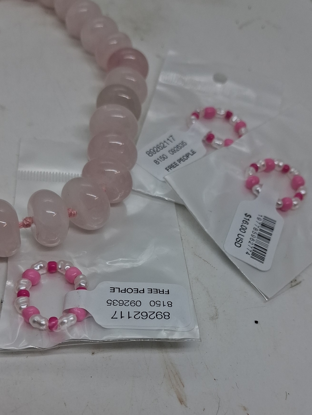 NWT Free People 4 Pc. Set  Pink Beaded Necklace with Gold Chain Accent & 3 Rings - Picture 3 of 5